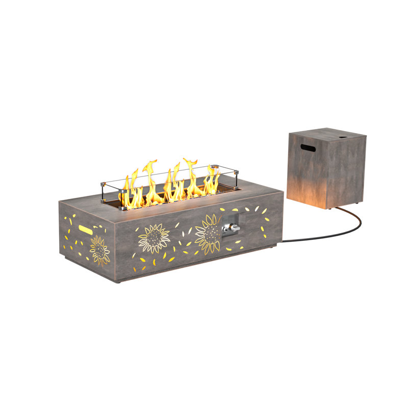 Table de foyer d'extérieur au propane avec découpe de tournesol et base dorée