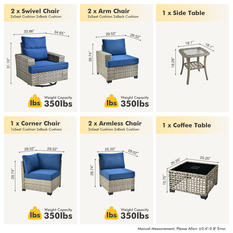 Ensemble de conversation d'extérieur en rotin pour 7 personnes avec chaises berçantes pivotantes, Marine