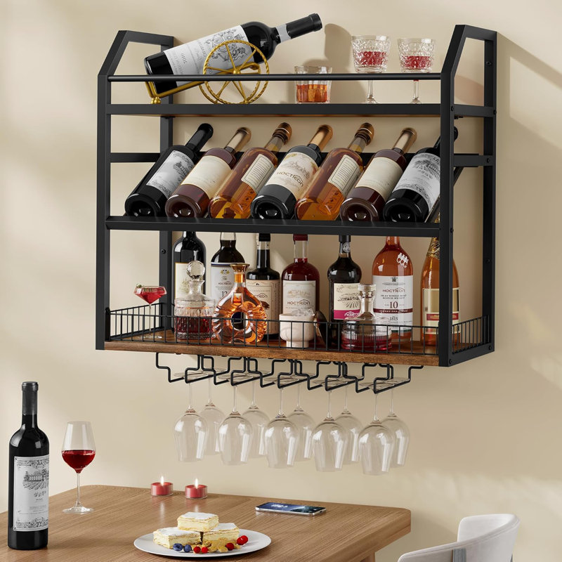 Support à vin mural, support à bouteilles de vin mural pour présentation et rangement, porte-bouteilles suspendu, pour salon, salle à manger, bar, cave à vin, brun rustique