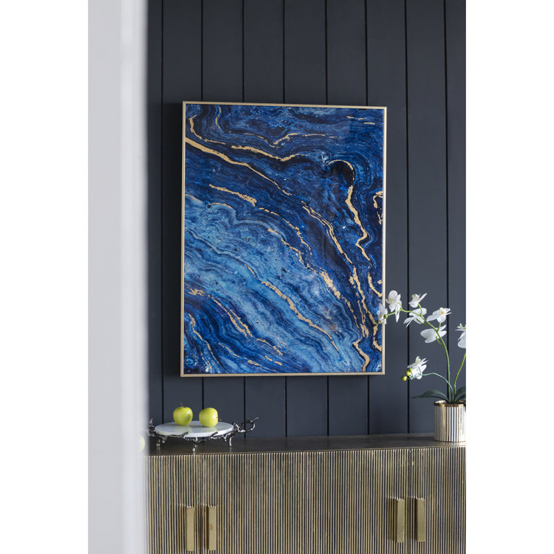 Set Of 2 Blue And Gold Framed Art Panels, Unique Marbled Design, 30.5" X 40"