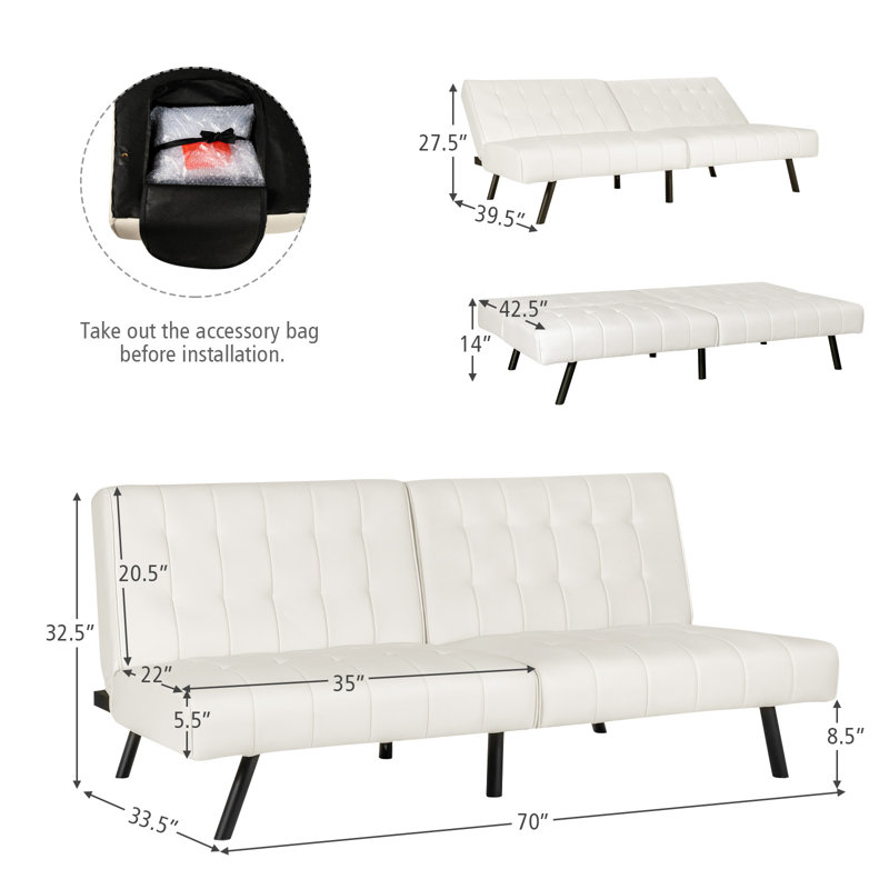 Camisha Twin 70'' Faux Leather Convertible Sofa, White Faux Leather