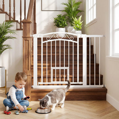 Pet Door, Auto-Close Walk-Through Baby Door Safety Gate with Cat Door, Pressure-Mounted No-Drill, Double Lock, Fits 30-41 in Openings, for Doorways Hallways & Stairs, White