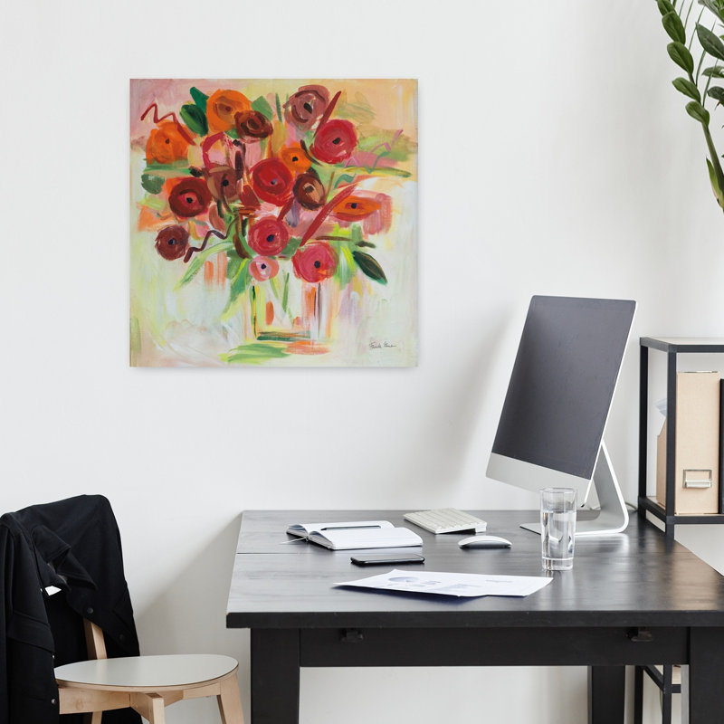 Art contemporain coquelicot avec bouquets de fleurs, H 18 po x l 18 po