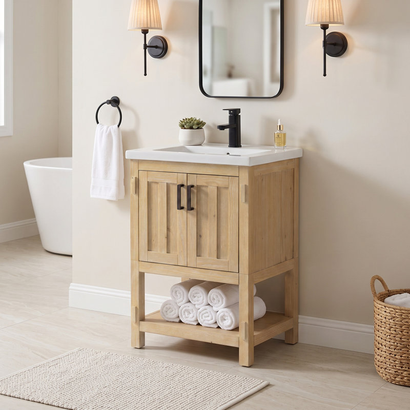 Ensemble de meuble-lavabo simple autoportant 24 po avec plateau en céramique Larangera, Natural Cedar