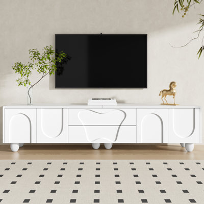 Modern Tv Stand With Curved Doors - 180Cm, Matte Finish, Wood Legs, Storage Drawers