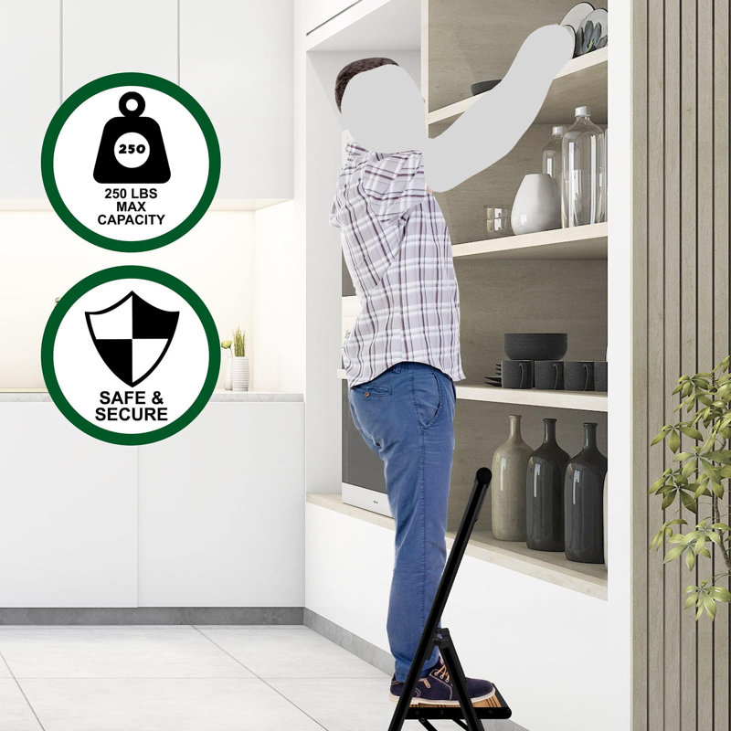 Slim Black Aluminum Foldable 1-Step Ladder with Wooden Step