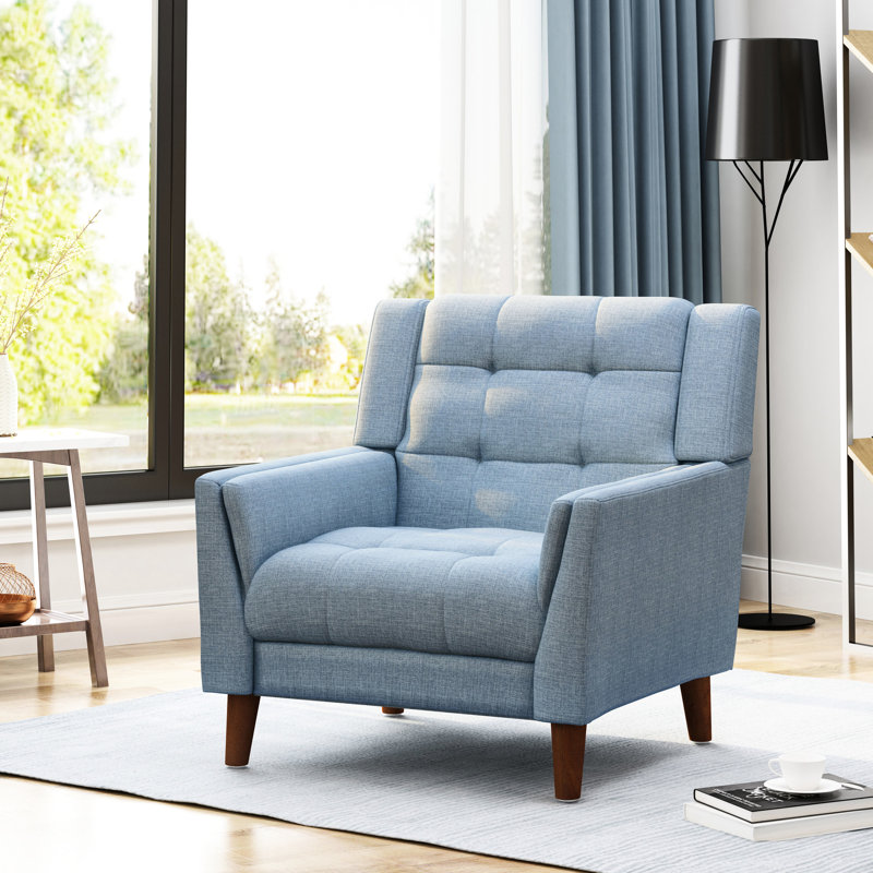 Fauteuil avec revêtement bleu, pieds en bois de bouleau, détails, ressort sinueux, 32,95 po Hauteur de l'emballage, jusqu'à 300 lb Habitation avec revêtement en bleu, repose-pieds, conception, rembourrage en mousse, largeur de 31 po,
