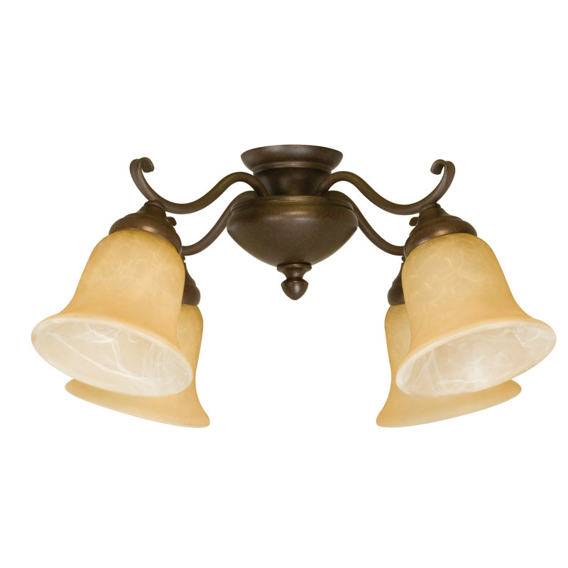 Ensemble d’éclairage ramifié à ventilateur de plafond universel 4 lumières, Bronze vieilli, Verre à teinture thé