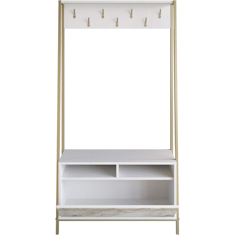 Hopewell Hall Tree with Bench and Shoe Storage, White/Ephesus Gold