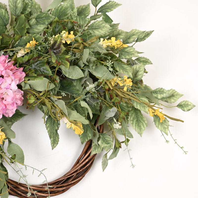 Couronne d'hortensia fabriquée à la main 24 po pour porte d'entrée, Rose/vert