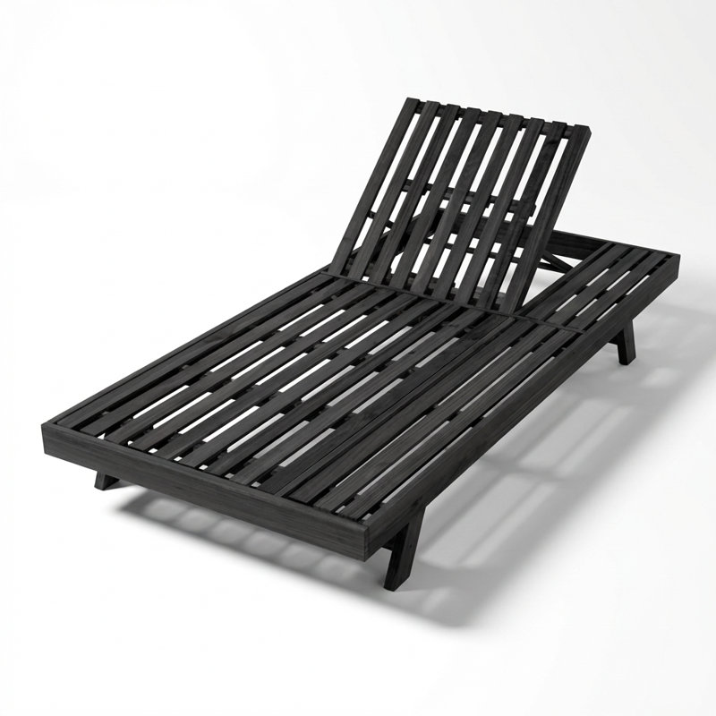Chaise longue pliable en bois d'acacia massif avec dossier réglable et surface de rangement plane, Noir