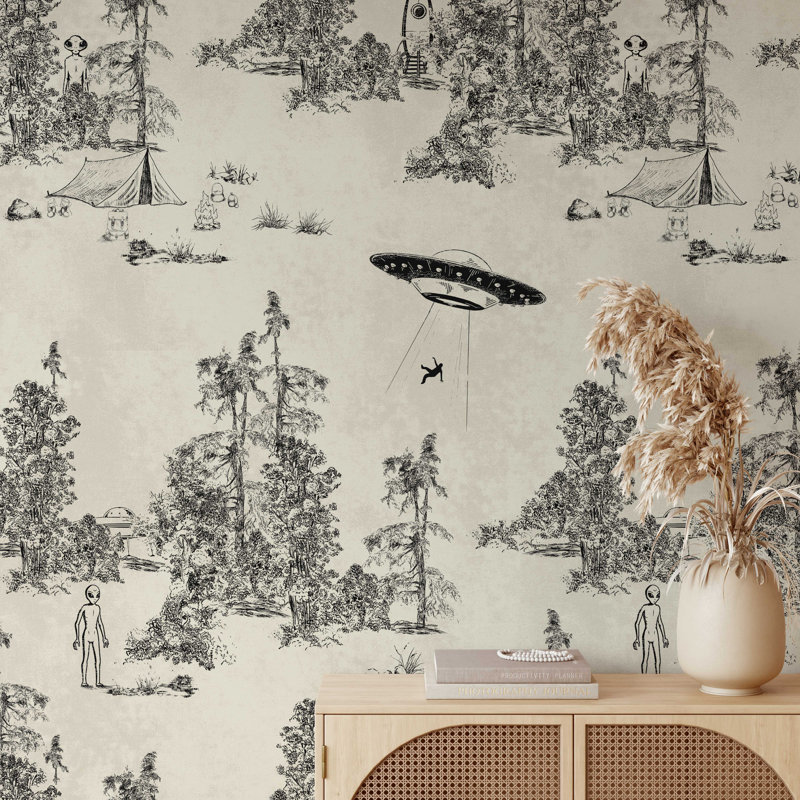 Alien Abduction Toile de Jouy Wallpaper in Black, White/Black