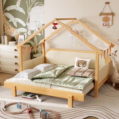 Twin Size Wood Treehouse bed with Soft Cushion Rails,for Kids, Teens, Girls, Boys