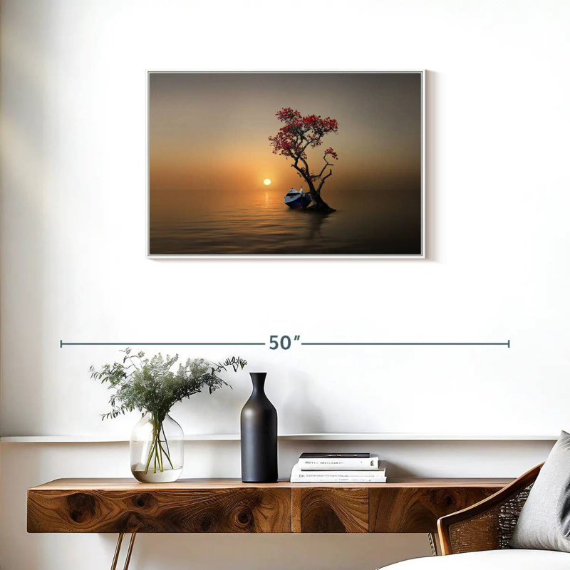 Bateau amarré à un arbre, Cadre flottant blanc, 31 po x 21 po