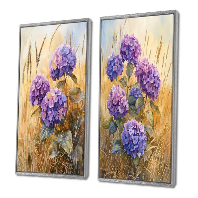 Hydrangeas In A Golden Field I - Floral Canvas Prints 2 Panels Collection, H 28 po x l 25 po, Encadrement argenté