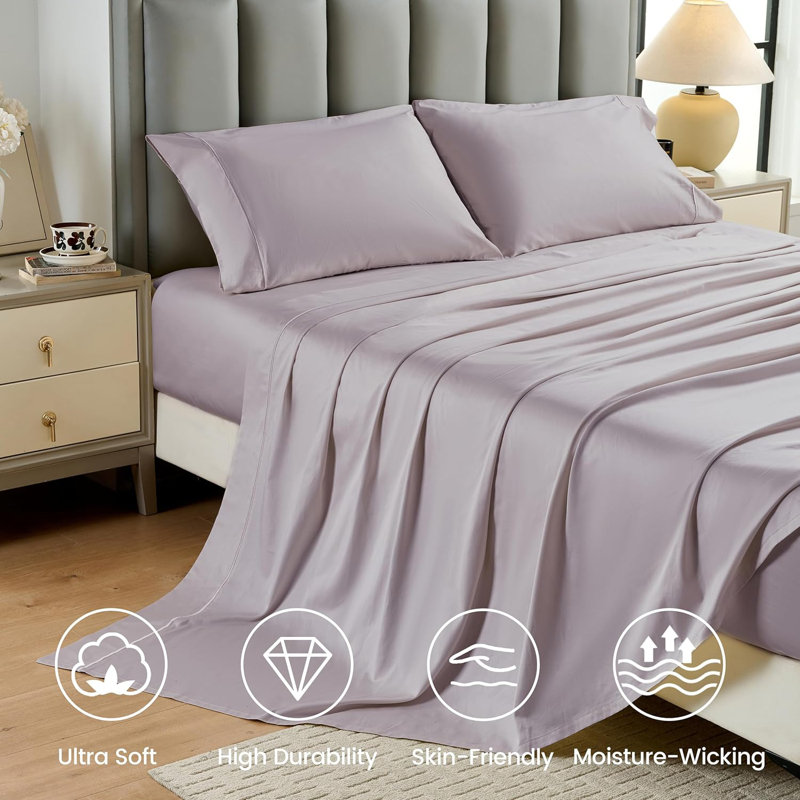 Ensemble de draps 100% coton 400 fils, Ensemble de draps pour très grand lit avec 2 taie, Gris lavande