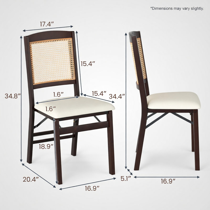  Ensemble de 2 chaises de salle à manger pliantes, structure en bois d'hévéa avec siège rembourré en lin et dossier en rotin tissé, conception peu encombrante pour la cuisine, la salle à manger et les petits espaces, café