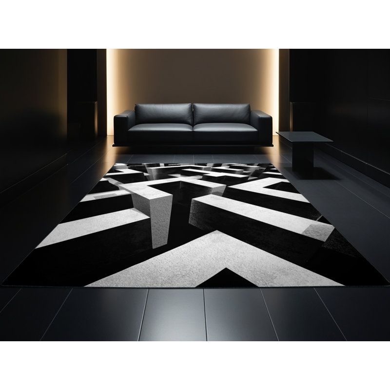 Machine Washable Pavla Modern & Contemporary Geometric Shapes Rug in Black – Black Binding, 3' Round