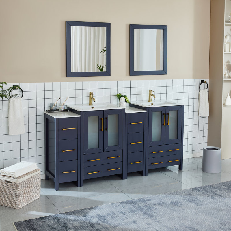  Ensemble de meuble-lavabo double 72 po avec miroir Modern, Bleu