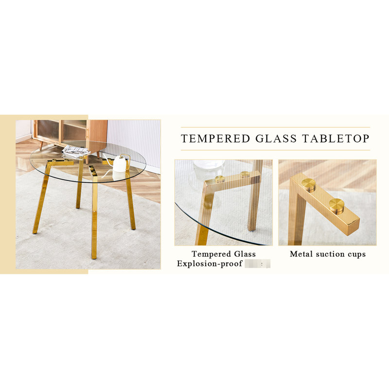 Table ronde moderne à 4 places en verre transparent de style moderne avec des pieds en métal dorés en forme de 7 et des chaises en velours noir sans accoudoirs, la conception Comfort Comfort excellence allie durabilité et durabilité