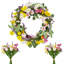 Couronne de tulipes et de lavande avec verdure luxuriante pour la porte d'entrée-243589090