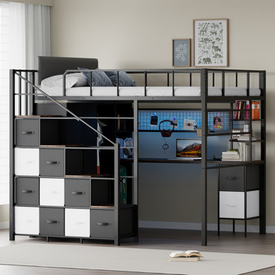Full Size Loft Bed with Desk and Stairs, All-in-One Metal Frame with Headboard, LED Lighting, Charging Station, Closet and Storage