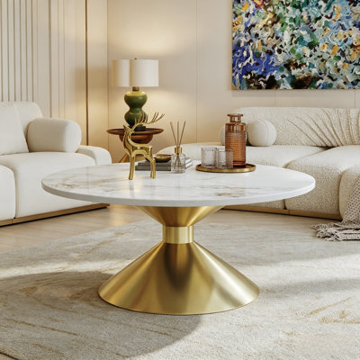 Table basse ovale en faux marbre (dorée) de 125 cm, piètement incurvé en acier inoxydable