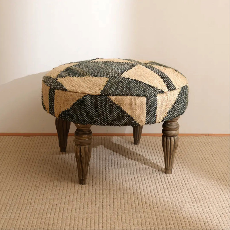 Tabouret d'appoint en tissu de jute à motif géométrique tissé de 24 x 16 pouces, Vert / beige tissé géométrique