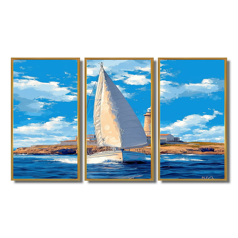 Amreen - ensemble d'art mural bateau, Cadre flottant doré, H 40 po x l 60 po x P 1 po