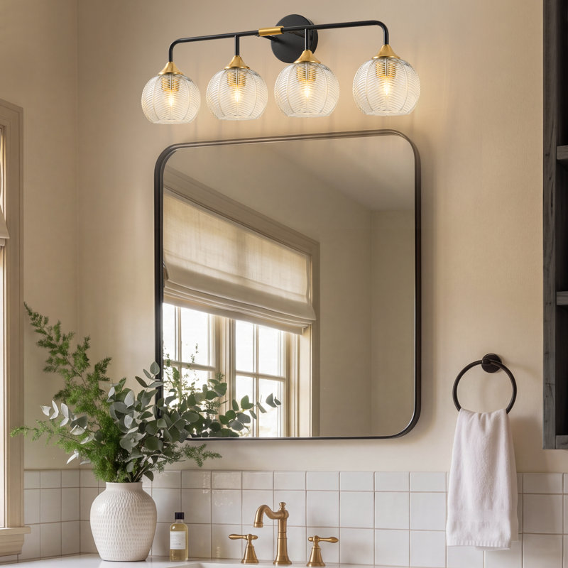 Applique murale de salle de bain à 4 lumières avec variateur et abat-jour en verre transparent texturé à motif de feuilles
