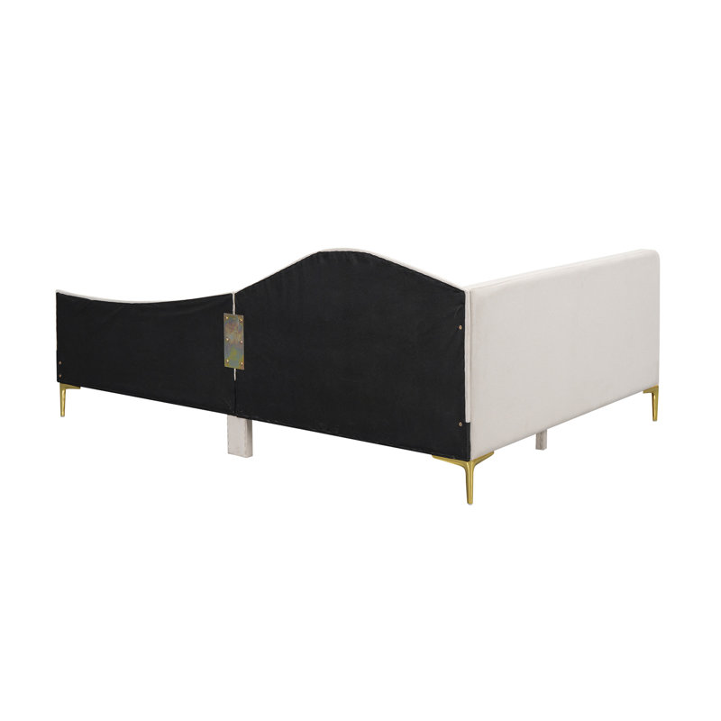 Lit de jour rembourré avec tête de lit et accoudoirs, pieds de soutien, Beige, Complet/Double