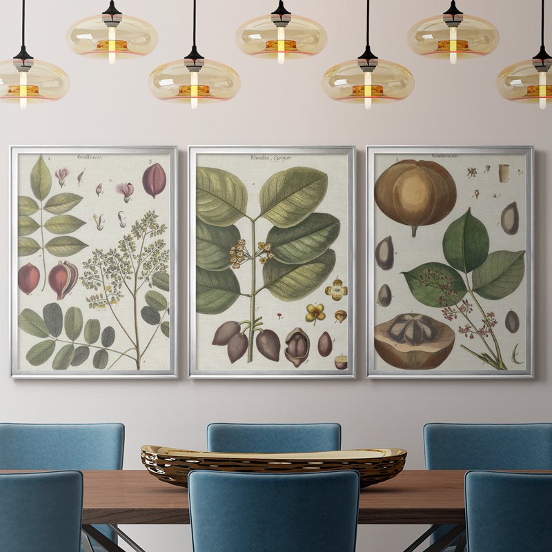 Exotic Botanique I - Toile tendue avec châssis sur mesure - 3 pièces, H 27 po x l 57 po, Argent argent