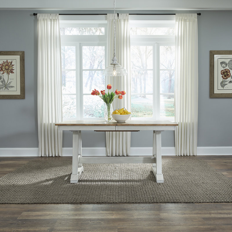 Keswick 5 Piece Trestle Dining Table Set w/ 18" Butterfly Leaf, Sandstone/White, 5 Pieces: Table, 4 Chairs