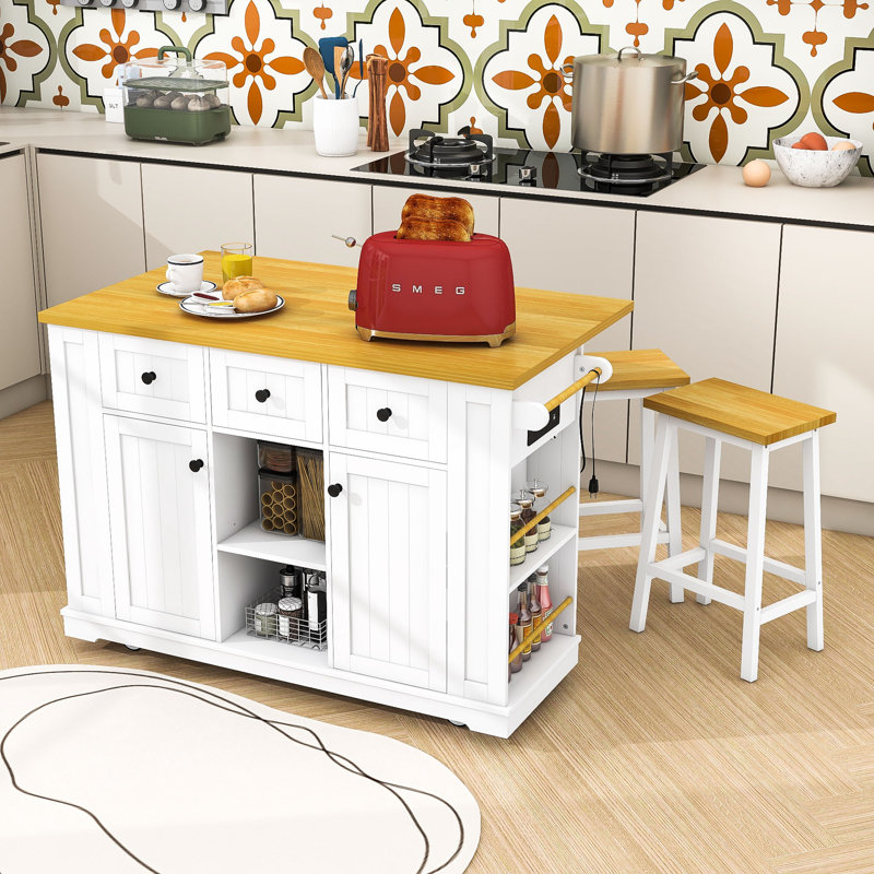 Kitchen Island Set with 2 Bar Stools, Integrated Power Outlets and Expandable Storage, White