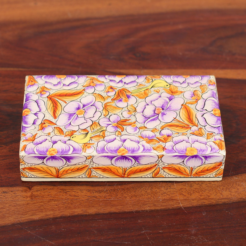 Boîte décorative faite à la main en bois Kashmir, Mauve / orange