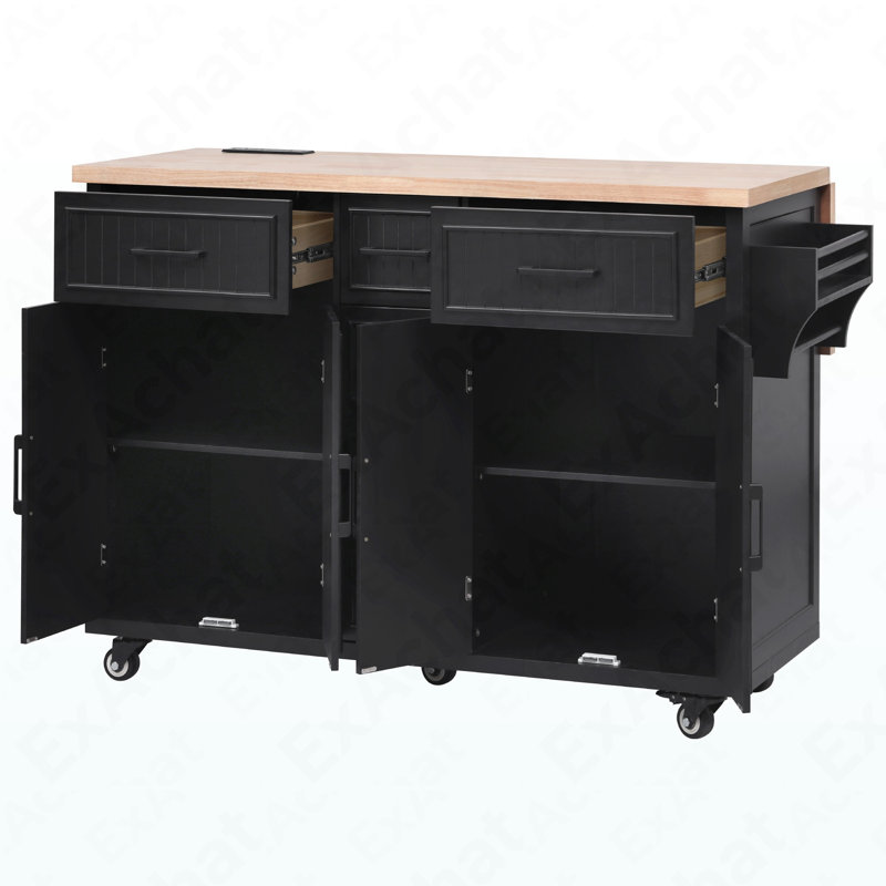 56.5'' Kitchen Island With Drop Leaf, Power Outlet, Embossed Vertical Stripe Rolling Kitchen Cart On Wheels With 4 Doors , 5 Deep Drawers And Adjustable Shelves, For Kitchen, Dining Room, Black