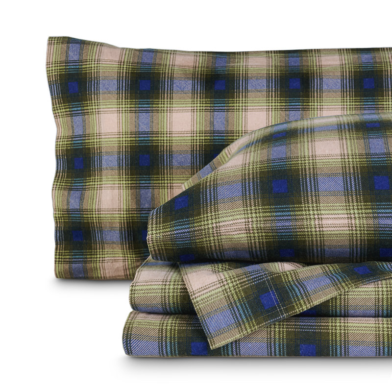 100% Cotton Flannel Sheet Set, California King Sheet Set with 2 Pillowcases, Green Voyageur Plaid