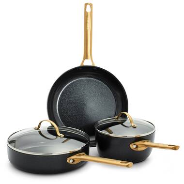 GreenPan Reserve Hard Anodized Healthy Ceramic Nonstick, 8 10 and 12 3  Piece Frying Pan Skillet Set, Gold Handle, PFAS-Free, Dishwasher Safe, Oven