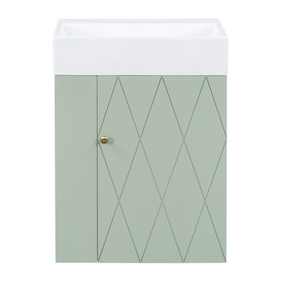 Meuble-lavabo de 20 po avec lavabo en céramique, porte à motif de losanges, poignées dorées et tablettes de rangement latérales - petit cabinet moderne avec barre à serviettes, fabrication en panneau de fibres à densité moyenne, assemblage requis