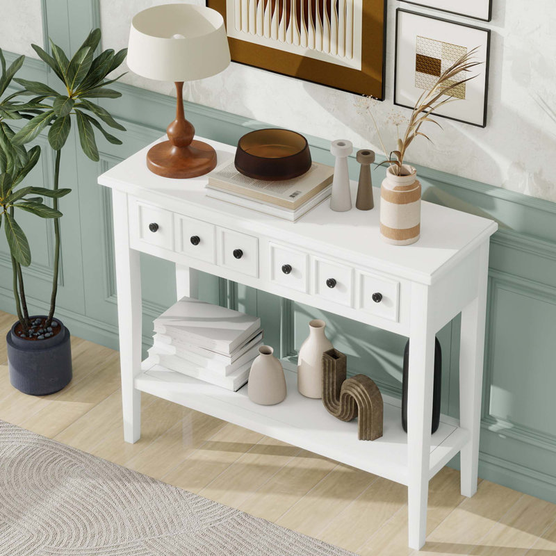 Entryway Table with 2 Drawers, Rustic Console Table, White