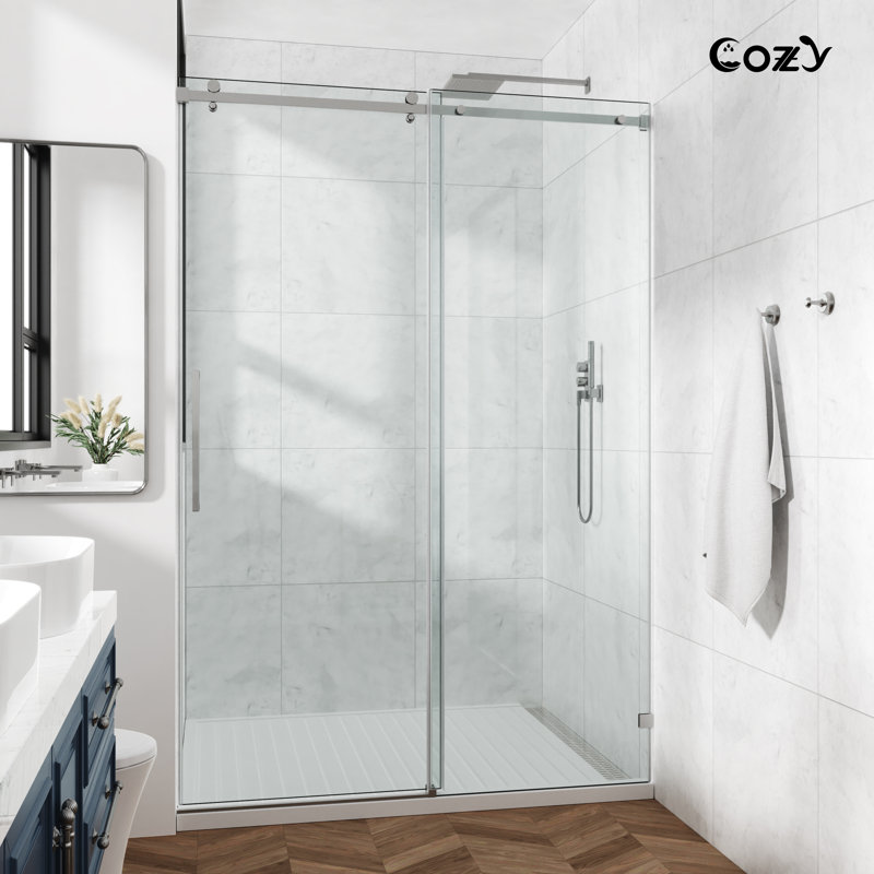44-49" W X 76" H Frameless Single Sliding Shower Door with 3/8" (10mm) Clear Tempered Glass, Shatter-Resistant Film & Installation Hole Locator - Square Top Rail