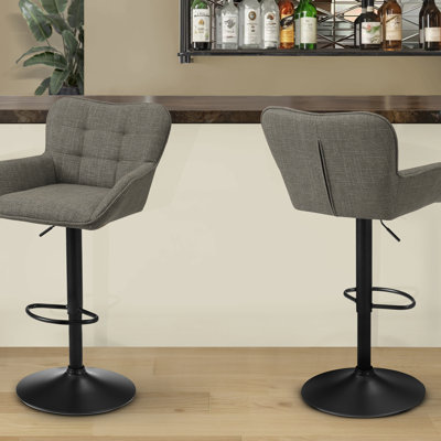 Tabouret de bar, ensemble de 2, réglable, pivotant, hauteur de bar, hauteur de comptoir, cuisine, tissu taupe, métal noir, contemporain, moderne