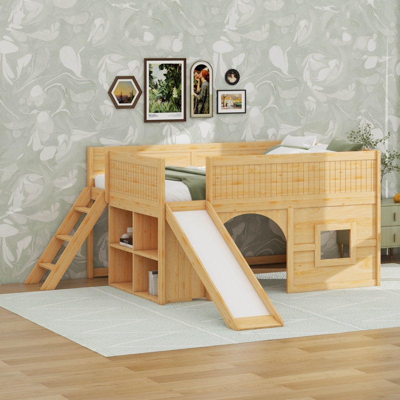 Full Size Wooden Low Loft Bed With Storage Shelves And Slide,Door And Window Design, Natural