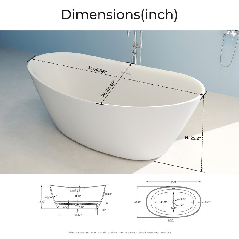 65'' x 33'' Freestanding Soaking Solid Surface Bathtub, Matte White