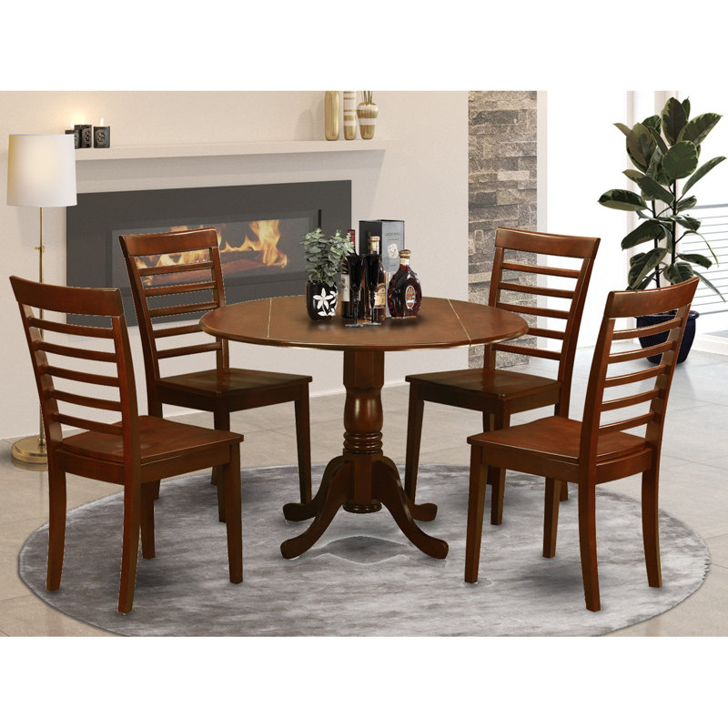 5 Piece Modern Dining Table Set Includes a Round Wooden Table with Dropleaf and 4 Kitchen Dining Chairs, 42x42 Inch, Mahogany