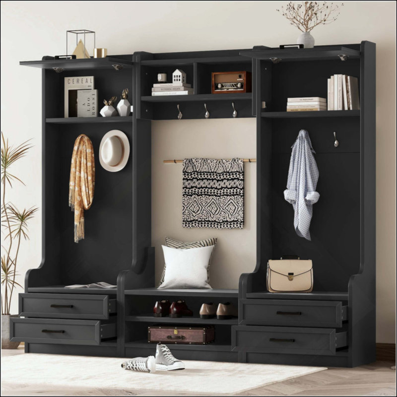 4-In-1 Detachable Hall Tree With Storage And 7 Hooks, Multiple Functions Hallway Coat Rack With Storage Drawers And Cabinet,Shoe Bench For Entryway Hallway