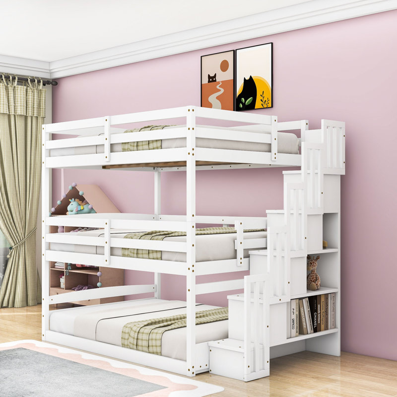 Lit double superposé double au-dessus d'un lit double au dessus d'un lit double avec escalier, Blanc