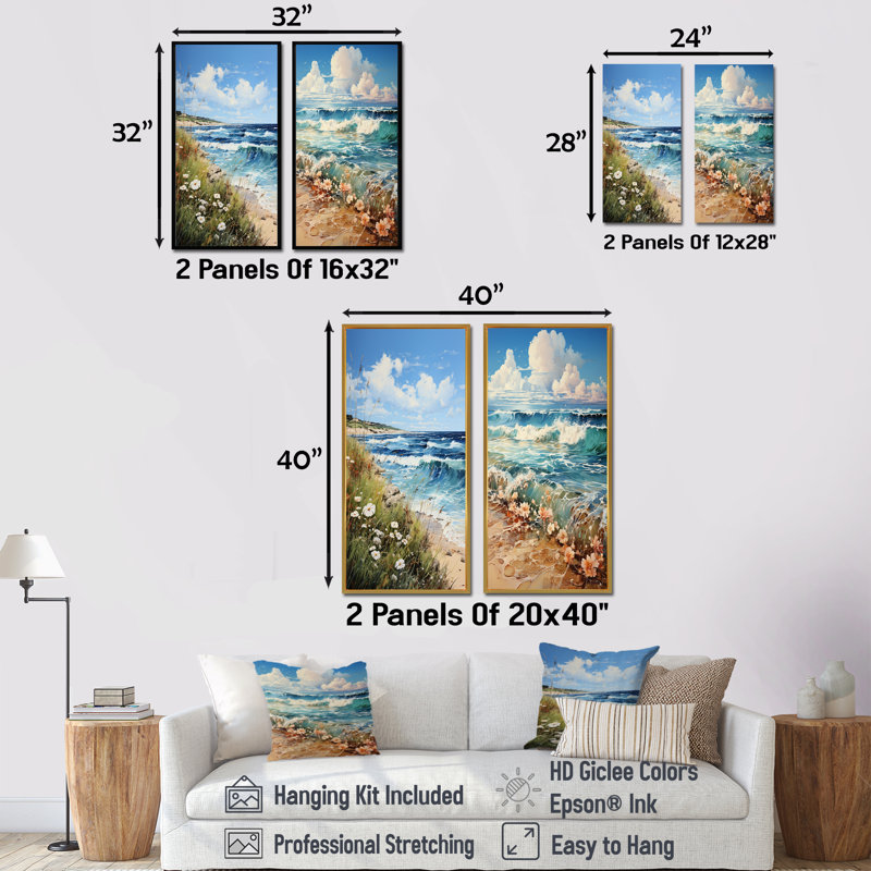Flower Coastal Nostalgia - Ensemble de 2 décorations murales plage côtière, Cadre flottant doré, H 40 po x l 41 po