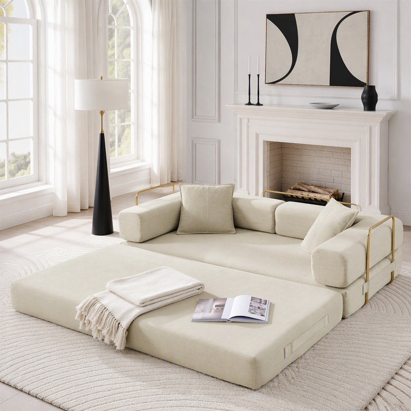 Canapé-lit modulaire en velours côtelé avec accoudoirs mobiles et sans assemblage, Velours côtelé beige, Beige