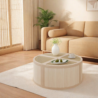 Round-To-Square Modular Coffee Table Set - Light Natural Rattan With Storage, 4 Pieces